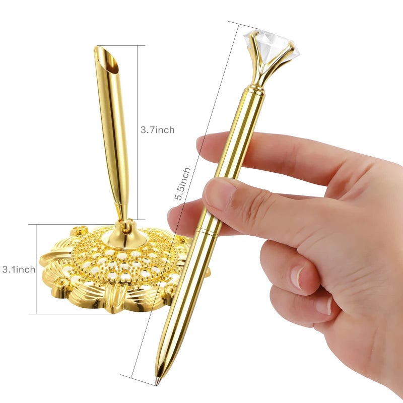 RUTICH Hollow Round Pen Holder Signing Pen Set with Big Diamond Crystal Pen for Wedding Bridal Opening Ceremony Graduation Office, Golden(Black Ink) - Image 2